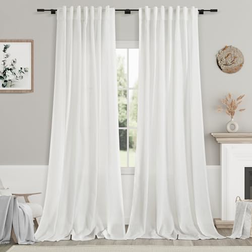 Image of White Linen Curtains 126 Inches Long 2 Panels Set for Living Room Extra Long Back Tab Curtain Neutral Farmhouse Light Filtering Semi Sheer Linen Drapes Ceiling to Floor for Large Window 52x126