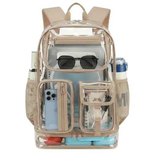 Image of Heavy Duty Clear Backpack for Sport Event,16in BookBag with Shoe Warehouse | Gold See Through Stitch durable plastic Design 7-Pocket For School Adults work Warehouses Airport security,check events bag