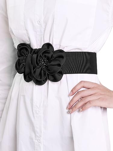 TeeYee Women Girls Big Stretch Double Décor Flowers Buckle Adjustable Elastic Wide Waist Belt3