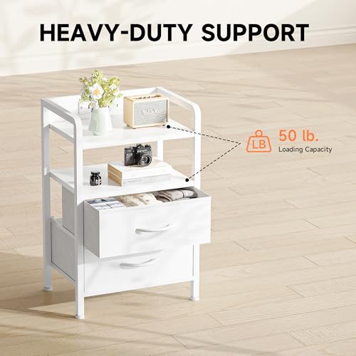 Night Stand Bedside Table Bedroom - Nightstand with Charging Station & LED Light Strip, Bed Side Table with Storage Shelf & 2 Fabric Drawers, Morden White End Table with U-S-B Ports & AC Outlets - Thumbnail 7