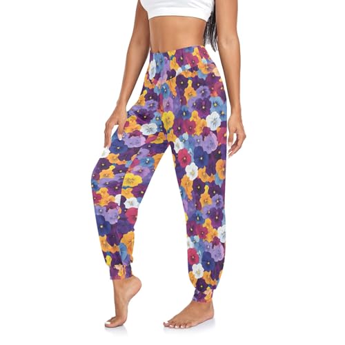 CHIFIGNO White Yellow Blue Purple Flowers Women's Sweatpants Jogger Sweat Pants Baggy Pants, S