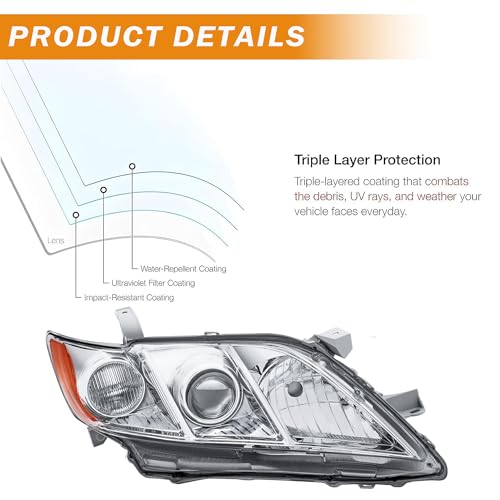 Headlight Assembly Compatible with 2007 2008 2009 Toyota Camry Base/CE/LE/XLE US Version, Chrome Housing Amber Reflector by corkiauto - Image 4
