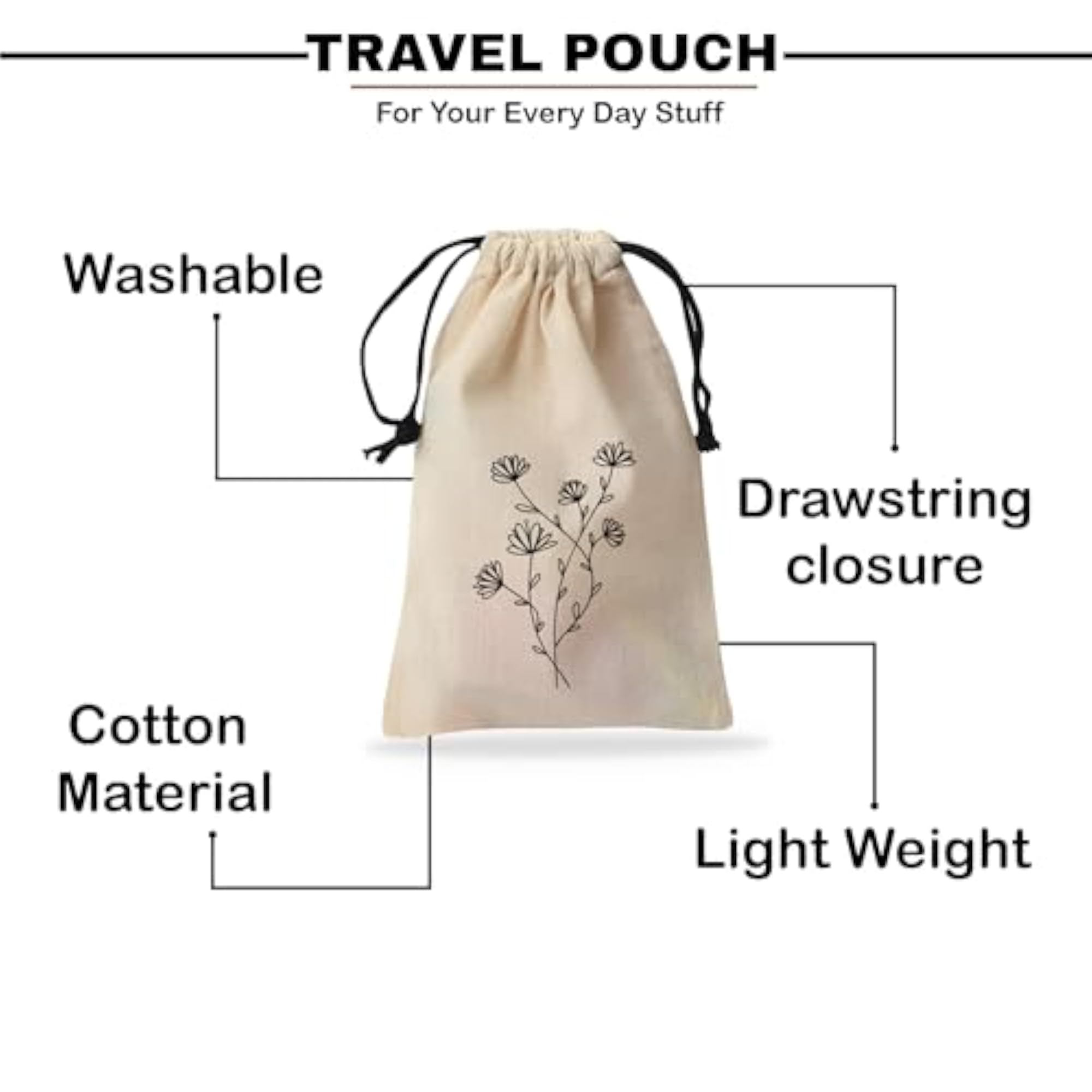 Pack of 10 Printed Travel Drawstring Pouches, Makeup Accessories