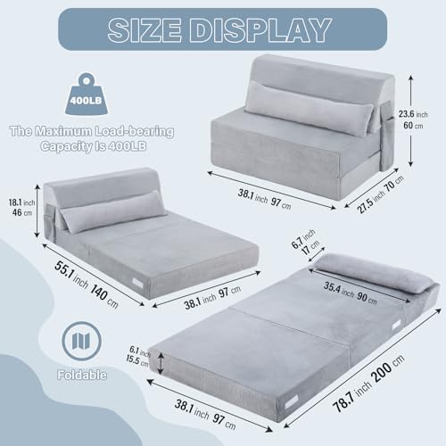 Image of Tiita Convertible Folding Sofa Bed Mattress with Pillow & Side Pocket, Plush Fabric Floor Mattress Couch Bed, Washable Cover, Twin Size, White Gray