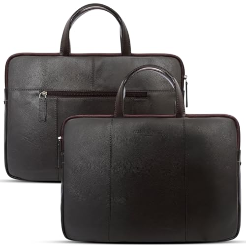 Image of ALLEN & MATE 100% Leather Laptop Case 13 Inch Laptop Sleeve fits MacBook Neo /Air /Pro 13 Inch with M5 /M4 /M3 /M2 /M1, Dell, HP, Lenovo, Chromebook 11-13 inch Computer Bag Zip Pocket - Brown