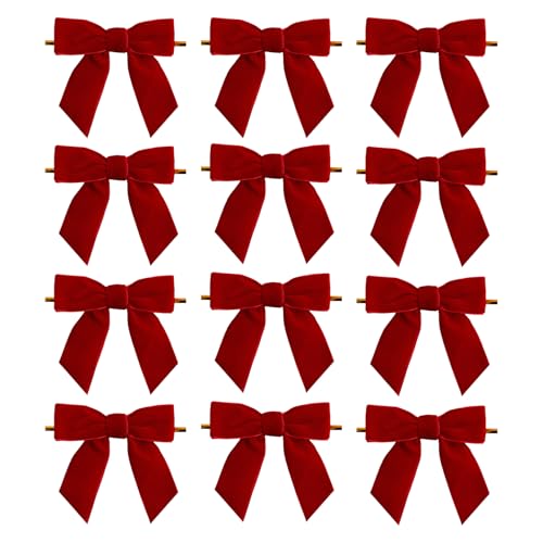 12Pcs Christmas Tree Bows,Velvet Bow Ribbon Ornaments Vintage Wreath Hanging Gift Decoration Large Garland,for DIY Crafts Indoor Kitchen Outdoor Wreaths Garland Holiday Party Xmas Decor (Red)
