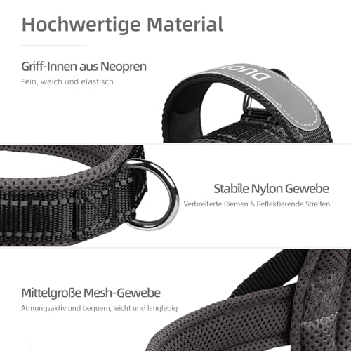 LiebeDD Hundegeschirr mit Leine für Mittelgroße Kleine Hunde Welpen, Bunt Farbblock Geschirr, Mesh Gepolstert Brustgeschirr Hund mit Griff und Brustring, Reflektierend & Leicht, Schwarzgrau, L