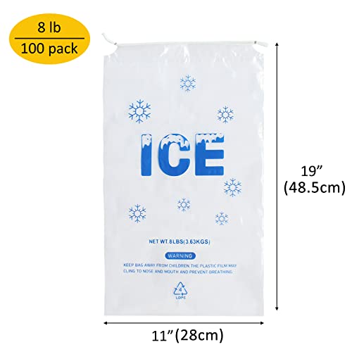 Image of 100 PACK 8 lb. Plastic Ice Bags with Cotton Draw String 11 x 19 Inch Heavy-Duty Plastic Ice Storage Bags with Draw String (2mil Thickness)
