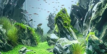 Marine Aquarium Background, Sea Rock Green Landscape Fish Tank Background, Nature Photo Terrarium Background 48X18IN with 8 EVA Double-Sided Tape