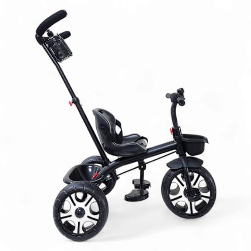 Image of MEKASHI T-002MW Plug N Play Kids Trike /Baby Tricycle with Parental Control, Storage Basket, Bell, Water Bottle w /Holder, Seat Belt, 12 to 48 Months, Load Upto 35Kg, Heavy Guage Steel Frame, Black