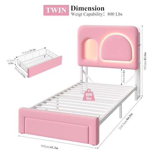 Image of Keyluv Twin Size LED Bed Frame for Girls with Storage Bookcase Headboard&Charging Station, Velvet Upholstered Platform Bed with Large Drawer &USB Ports, Sturdy Metal Support, No Box Spring Need, Pink