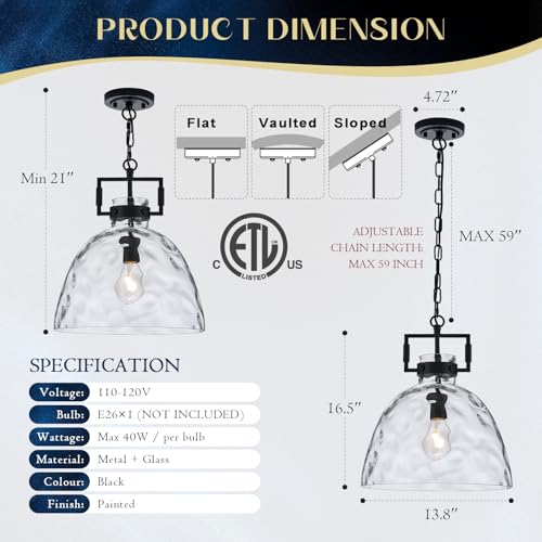 Image of 13.8 inch Black Glass Pendant Light, Hammered Clear Glass, E26 Hanging Light