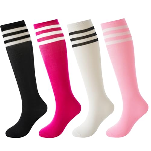 BISOUSOX - BISOUSOX 4 Pairs Unisex Kids Football Socks for Ages 6-8/9-12 - Knee High Cotton Striped Socks for Boys and Girls - Running Training Gift - -20%