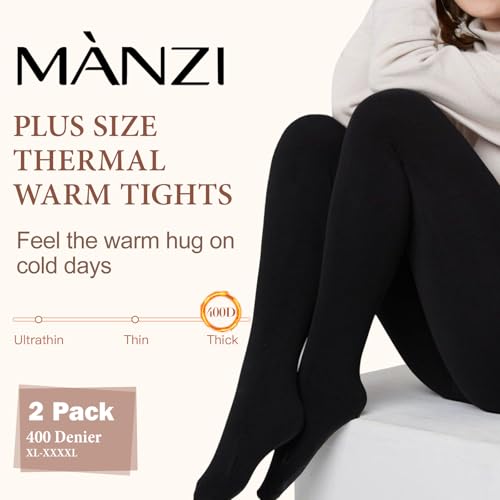 MANZI 2 Pairs Women's Plus Size Fleece Lined Tights Black Opaque Thermal Tights Winter Warm Thick Stockings 400 Denier2