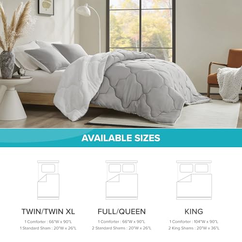 Image of Comfort Spaces Queen Comforter Set, Chic Reversible Quatrefoil Quilting, Sherpa Comforters Queen, All Seasons, Lightweight Microfiber Bedding Set Matching Sham, Vixie, Full /Queen Grey /White 3 Piece