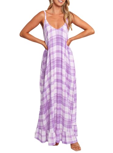 Image of LASPIA Spaghetti Strap Dresses for Women Plaid V Neck Maxi Sundress Beach Long Dress with Pockets