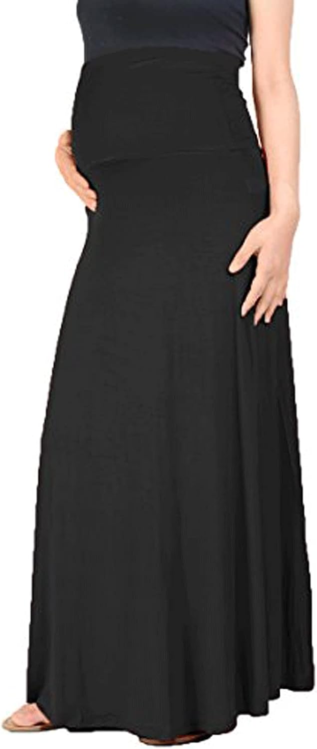 Beachcoco Women's Maternity Maxi Skirt – High Waisted Fold Over Elastic Waist Foldable Pregnancy Long Floor Length