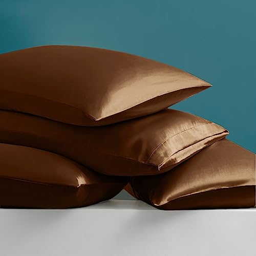 Image of Ersmak 7 Pieces Satin Sheets Set Queen Size, Luxury Silky Brown Satin Bed Sheets Set with 1 Deep Pocket Fitted Sheet, 1 Soft Flat Sheet, 4 Queen Pillowcases and 1 Body Pillowcase