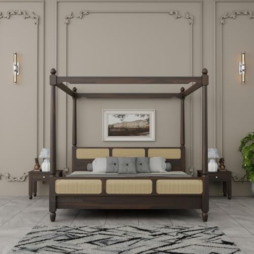 Image of King Size Four Poster Bed Sheesham Wood, Wooden Double Bed Cot, Solid Wood Bed Furniture for Bedroom (Rattan-Walnut-King) 1 Year Warrenty