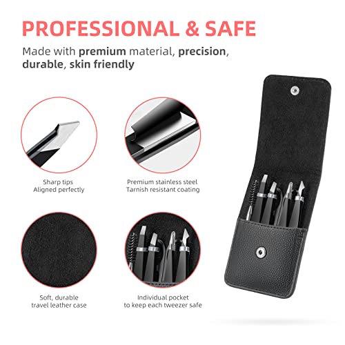6 Pack Tweezers For Women, Domaxcai Upgraded Eyebrow Tweezers, Great Precision Tweezer Set With Case, Professional Tweezers For Eyebrows, Facial Hair, Splinter And Ingrown Hair Removal, Black #TOP3