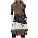 Azruma Damen Kleid Elegant Elegante Kleider Damen Festlich Frauen Vintage Geometrisch Drucken Rundhals Lange Ärmel Midi Kleider Mit Taschen Festmode Hochzeitsgast (1-Brown, S)