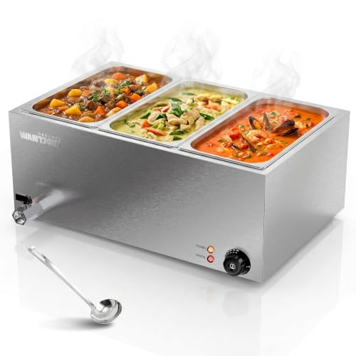WantJoin Commercial Soup Warmer - Full Size Stainless Steel Bain Marie Round Pot 86~185°F Adjustable Temp, Electric Steam Table Countertop Anti-Dry Burn Reset Button for Restaurant, Buffet 1500W