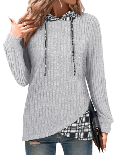 Gemulate Hoodies for Women UK Long Sleeve Drawstring Hooded Jumpers Sweater Striped Ladies Sweatshirts Longline Tunic Light Grey XL