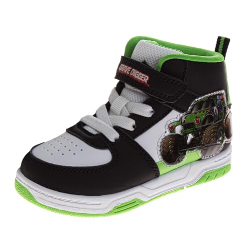Monster Jam High Top Shoes for Boys - Gravedigger Sneaker Hightops Shoe Lightweight Lace Up Ankle Hi Sneakers - Black Green (Size 10 Toddler)