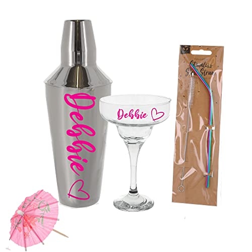 Personalised Cocktail Mixer Shaker With Matching Glass Gift Kit Set Cocktail Making Bundle (Full Margarita Set)