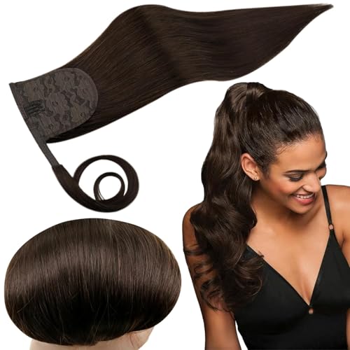 RUNATURE Ponytail Extension Echthaar Braun 30cm Menschliches Haar Pferdeschwanz Haarteil Echthaar Dunkelbraun 70g Echthaar Extensions Zopf Gerade Haarverlängerung #2