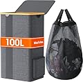 BlissTotes Laundry Basket with Lid, 100L Clothes Laundry Hamper with Handles and Removable Laundry Bag, Breathable Design Hamper with Lid for Bedroom, Bathroom, Dorm, Laundry Room - Light Grey