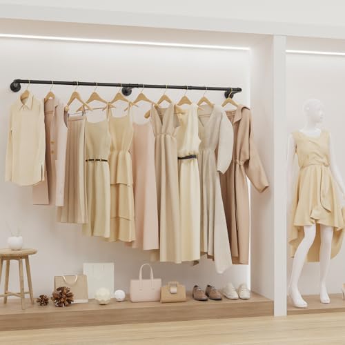 Yawinhe Industrierohr Kleiderstangen,180cm Kleiderbügel für die Wand, Platzsparenders Wandregal Küchenregal mit 3 Basen, für Geschäft, Schwarz, 1-Pack, YMG004