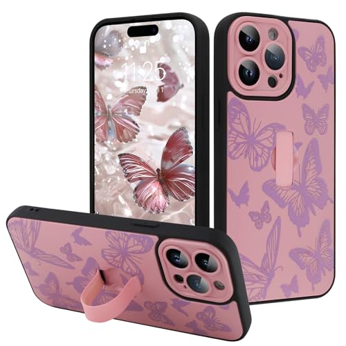 Image of for iPhone 15 Pro Max Case with Finger Strap Holder, Cute Cool Butterfly Print Pattern Design for Women Girls, Shockproof Anti Scratch Hand Kickstand Protective Cover, Pink