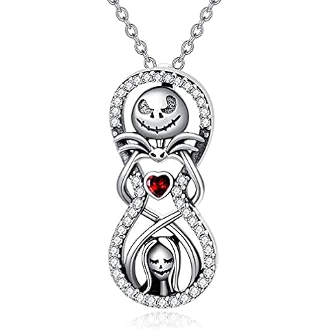 ONEFINITY Nightmare Necklace Sterling Silver Jack and Sally Infinity Love Pendant Necklace with red Zircon Skull Jewelry Birthday Christmas Gifts for Women Wife Girlfriend Cover