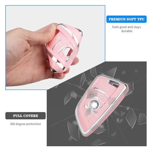 Image of QBUC for BMW Key Fob Cover with Leather Keychain | for BMW 2 5 6 7 Series X1 X2 X3 X5 X6 X7 Premium Soft TPU Key Fob Holder (1-Pink)