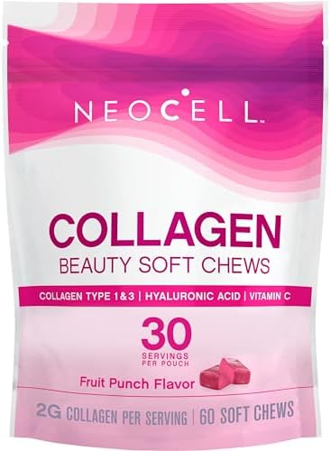 NeoCell Collagen Beauty Soft Chews with Vitamin C and Hyaluronic Acid, For Hair, Skin and Nail Health, Fruit Punch, Soft Chews, 60 Count, 1 Bag