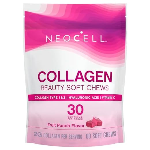 NeoCell Collagen Beauty Soft Chews with Vitamin C and Hyaluronic Acid, For Hair, Skin and Nail Health, Fruit Punch, Soft Chews, 60 Count, 1 Bag