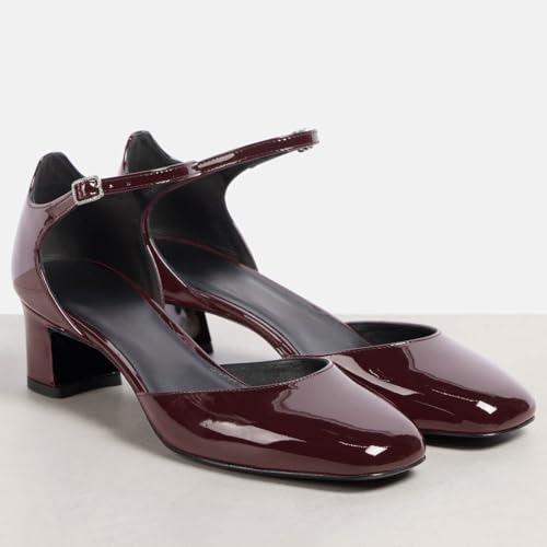 Women's Comfort Chunky Heel Square Toe Ankle Strap Pumps with Buckle Fashion Patent Closed Toe D'Orsay Wedding Party Dress Block Heel Shoes for Women Burgundy Size 93