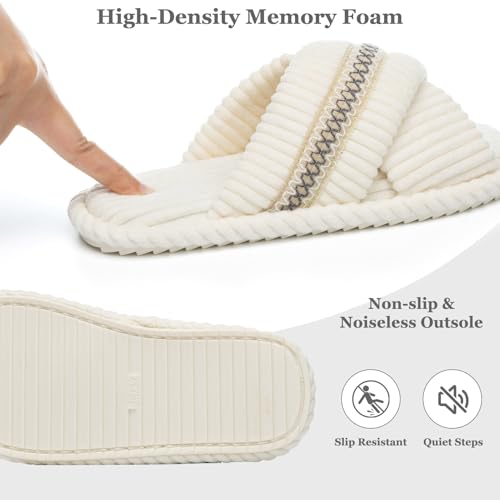 Image of GOEWY Slippers for Women Memory Foam House Bedroom Corduroy Crossbands Open Toe Slides Sandals Shoes Comfy Trendy Gift for womens Anti-Skid sole