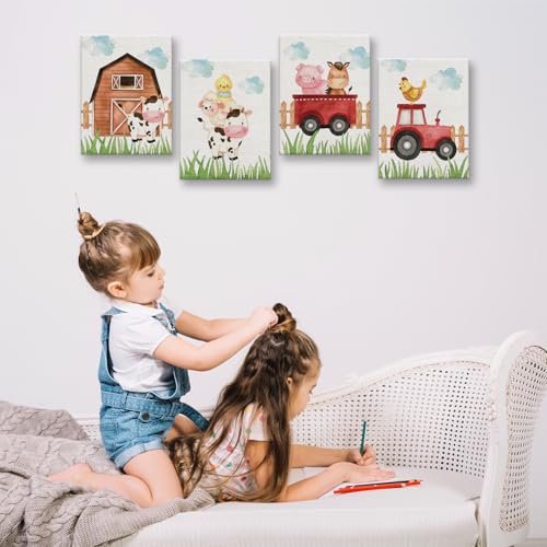 Image of Watercolor Farmhouse Nursery Decor Canvas Wall Art Farm Cute Animal Chicken Cow Pig Wall Decor Artwork Poster Prints for Home Living Room Girls Boys Bedroom Classroom Decoration,4PCS,Framed,8x10IN
