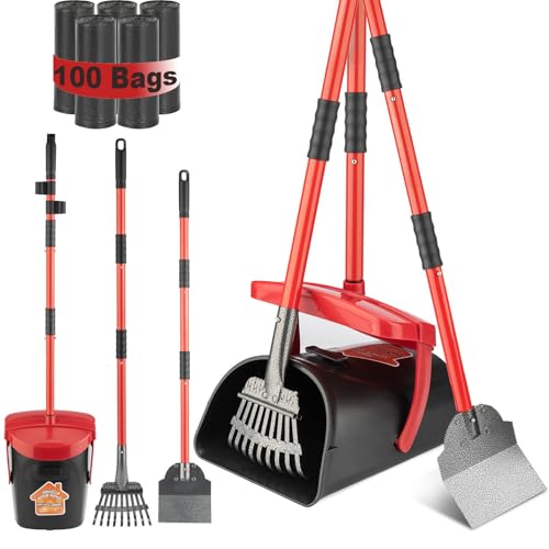 Image of HUZSV Dog Pooper Scooper With Bag Attachment,Heavy Duty Metal Rake&Spade Swivel Bin,NonBreakable Poop Scoop for Small Large Dogs,Includes 100 Waste Bag Odorless Design Easy to Use on Grass,Dirt,Gravel