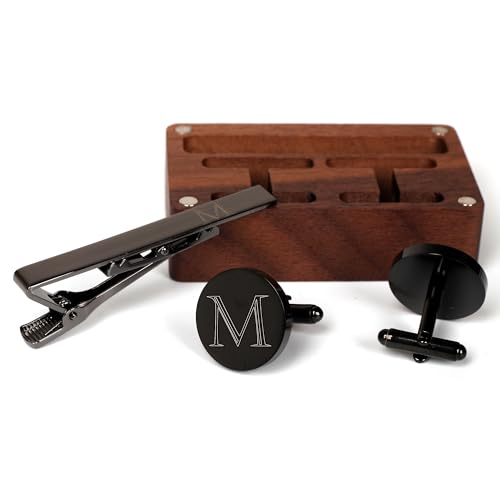 Mens Initial Cufflinks and Tie Clip A-Z Alphabet Letter Black Stainless Cuff Links Tie Bar with Engraved Walnut Wood Box Groom Groomsman Wedding Set4
