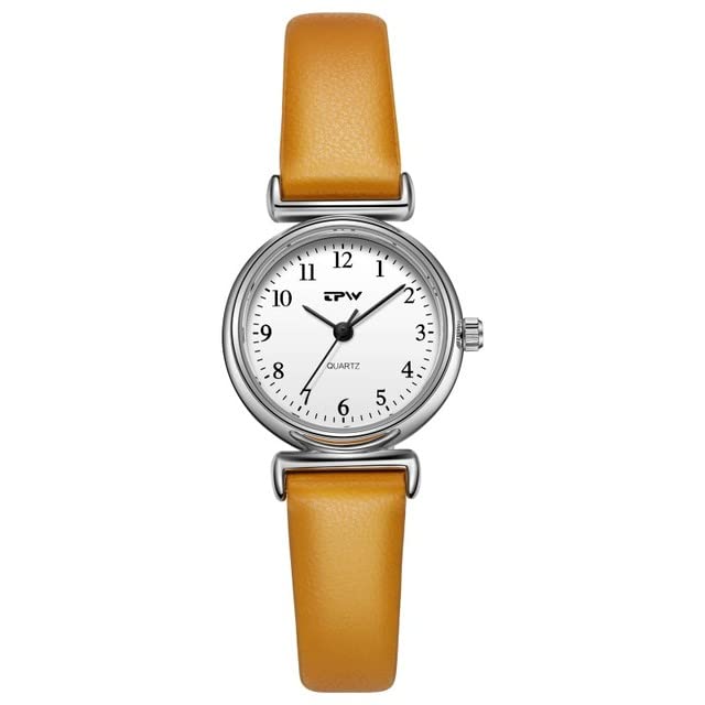 ALCENTISSmall Dial Quartz Watch for Women - Japanese Movement - Leather Strap - High Contrast Arabic Numerals, Yellow Ochre Bracelet, Classic