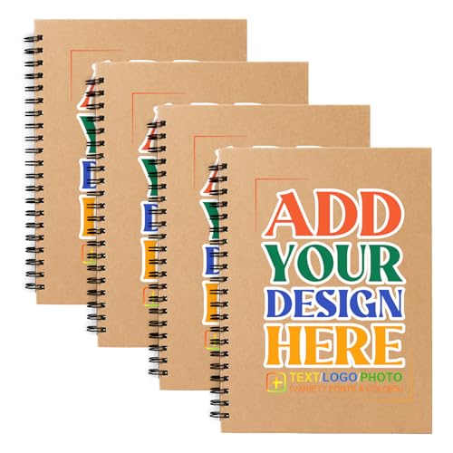 Custom Spiral Notebook - Upload Your Own Photo/Logo/Text, Set of 4 Personalized Journals, A5 Kraft Soft Cover, 120 Pages, 8.4 x 5.8 Inch, Customizable Notebooks for Gifts, Office or Business,Kraft