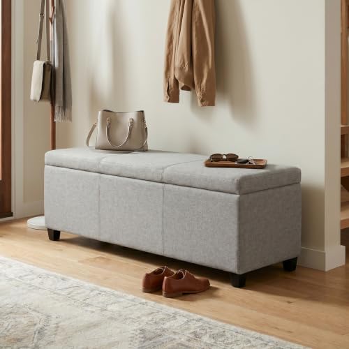 Image of SIMPLIHOME Avalon - Banco contemporaneo tipo otomana rectangular con almacenamiento de 48 pulgadas de ancho, en tela con aspecto de lino color gris nube, para sala de estar, entrada y sala familiar