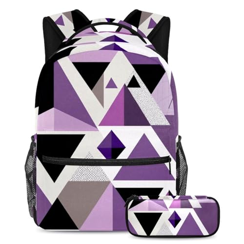 Sac à dos violet géométrique avec trousse assortie pour l'école des ados