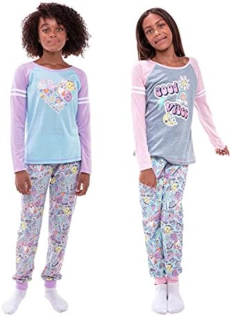 Sleep On It Girls Pajamas Set - 4 Piece Long Sleeve T-Shirt and Sleep Pants for Kids Multipack Sleepwear (Heather Gray/Blue, 10-12, numeric_10)
