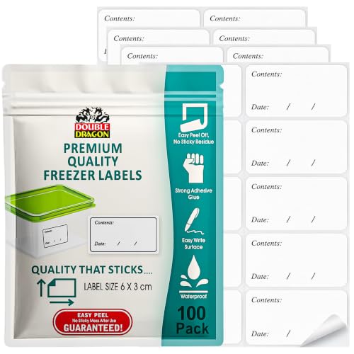 Double Dragon Freezer Labels [100 Pack] Easy Peel Removable Stickers No Sticky Residue Waterproof Strong Adhesive Easy-Write Surface for Food Containers Freezer Bags & Baby Pots (6 x 3cm)