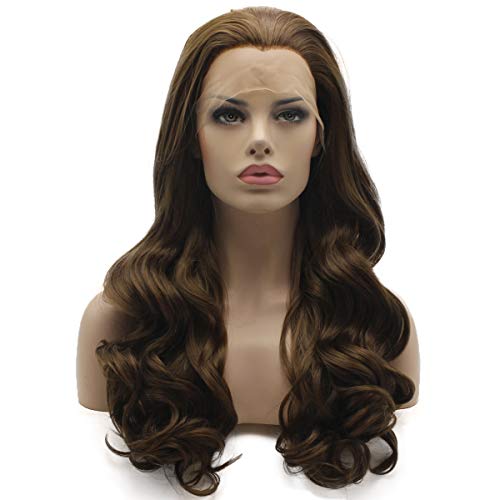 Lushy Hair Wavy Long 24inch Light Ash Brown Wig Heat Friendly Heavy Density Realistic Synthetic Lace Front Wig