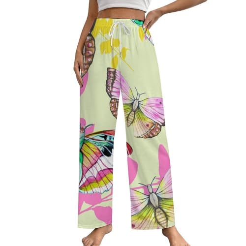 Pantalon de pyjama femme papillon rose jaune pour des nuits douces à la maison S